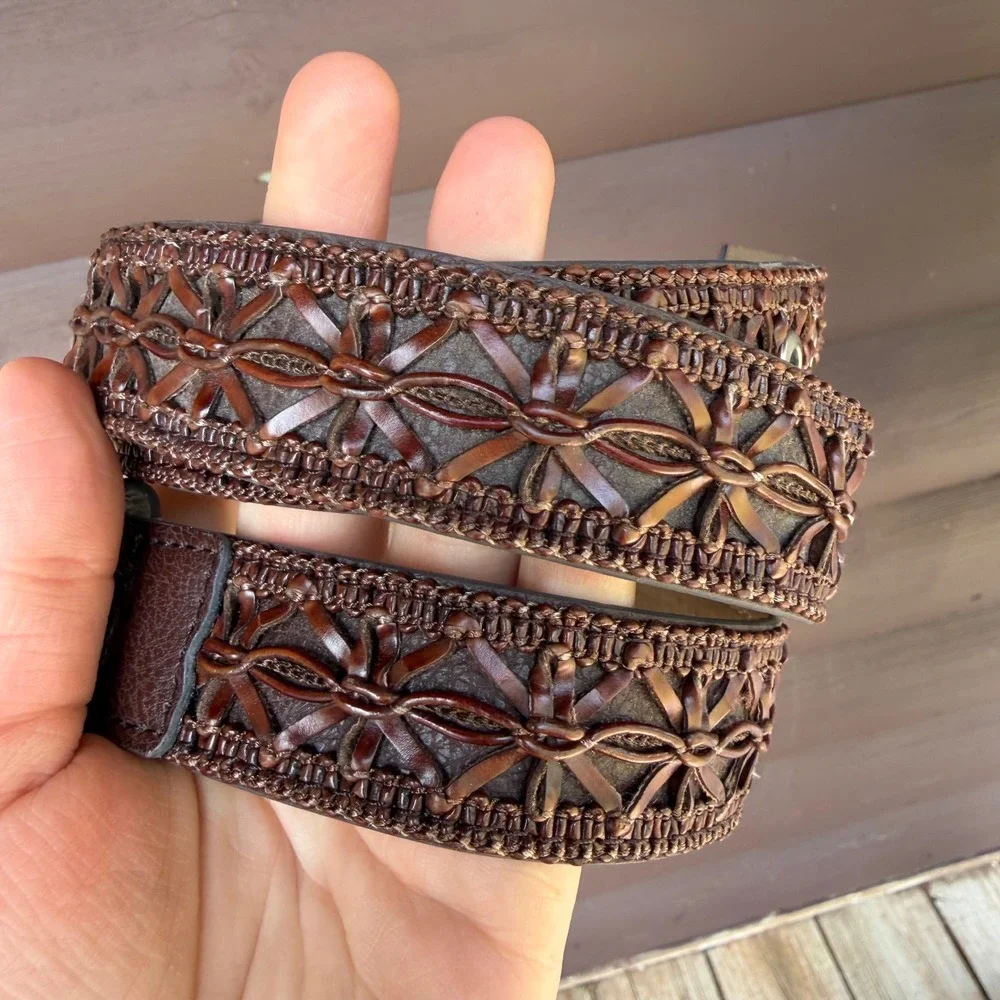 Woven Leather Belt Womens Large Brown Boho Interlaced Floral Silver Buckle 43in